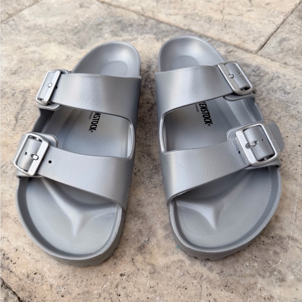 New Birkenstock Metallic Gray Slide Sandals